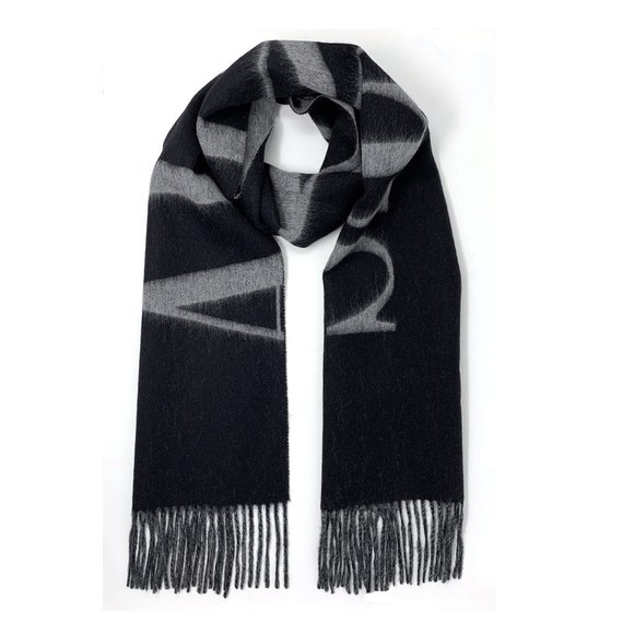 All Saints Men's Yarndye 100% Wool Brand Logo Graphic Fashion Scarf Black Grey
